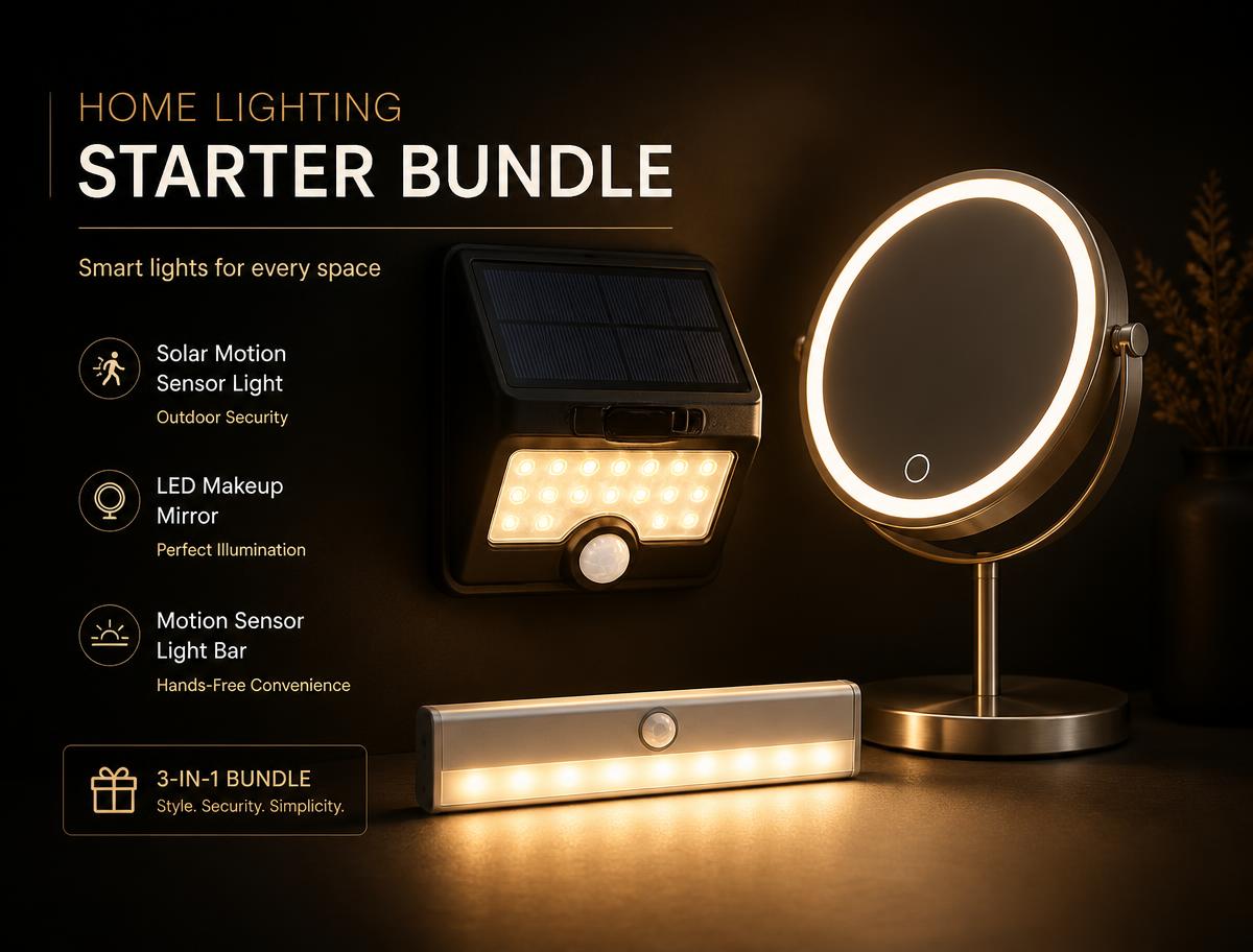 Home lighting starter bundle with solar light, LED mirror and light bar