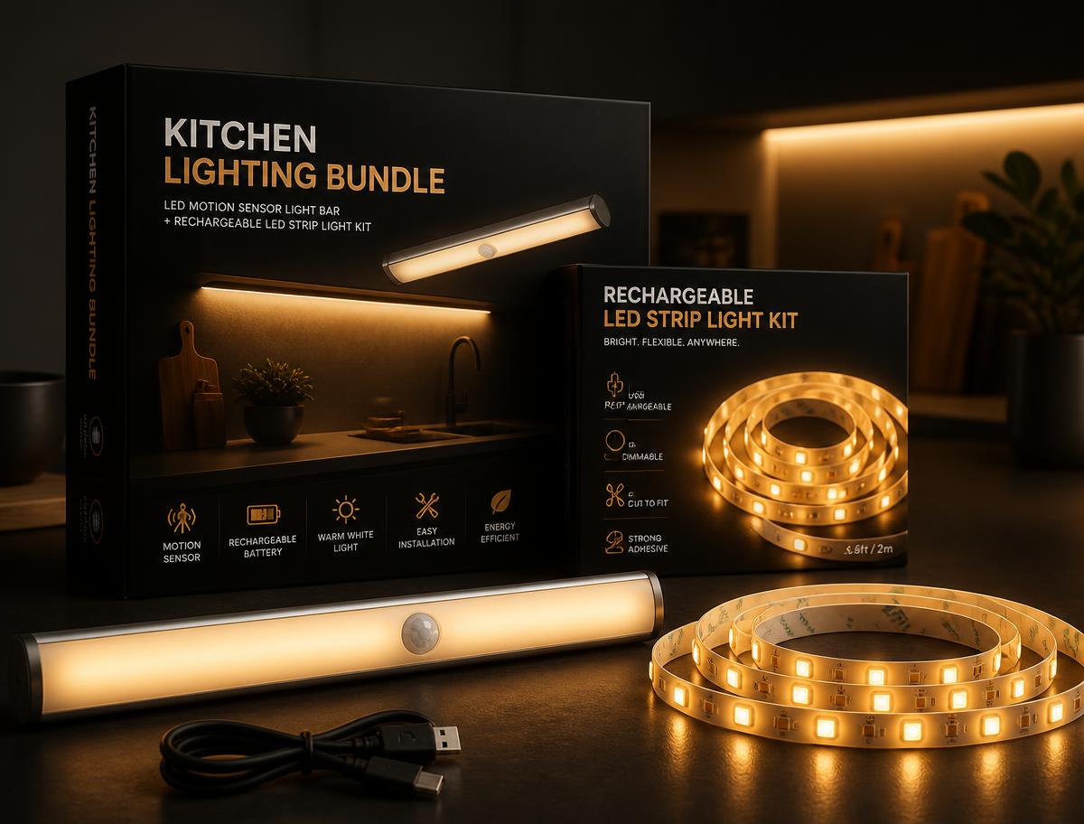 Kitchen lighting bundle with motion sensor light bar and LED strip kit