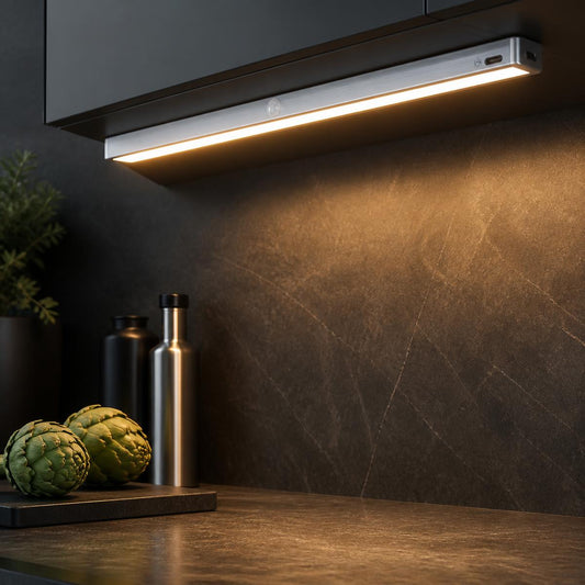 LED motion sensor light bar glowing warm under a kitchen cabinet