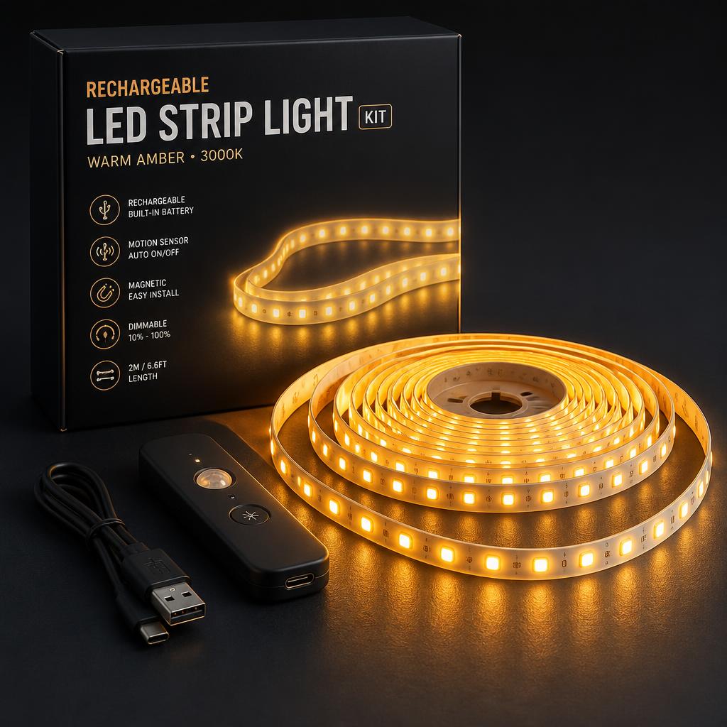 Rechargeable LED strip light kit glowing warm amber